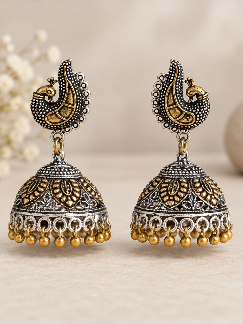 Gold & Silver Peafowl Jhumka Earrings - Women Jewelry